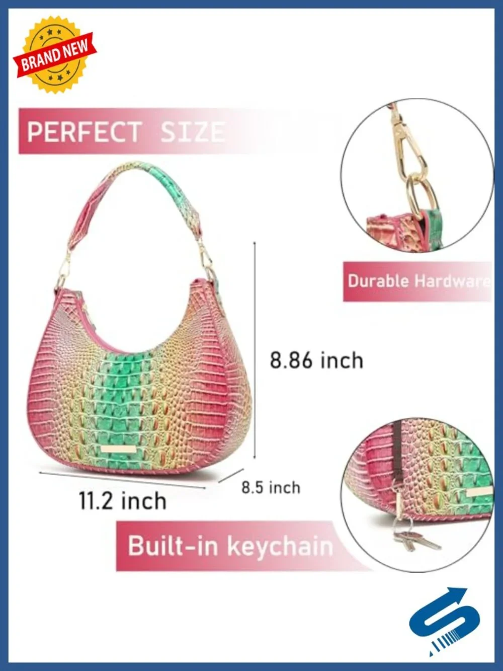 Crocodile Hobo Bag in Vegan Leather, Soft Chic Clutch Handbag for Daily Outfits